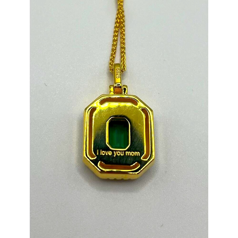 Emerald, Mother Of Pearl, and CZ Halo Pendant 18” 14k Gold/SS